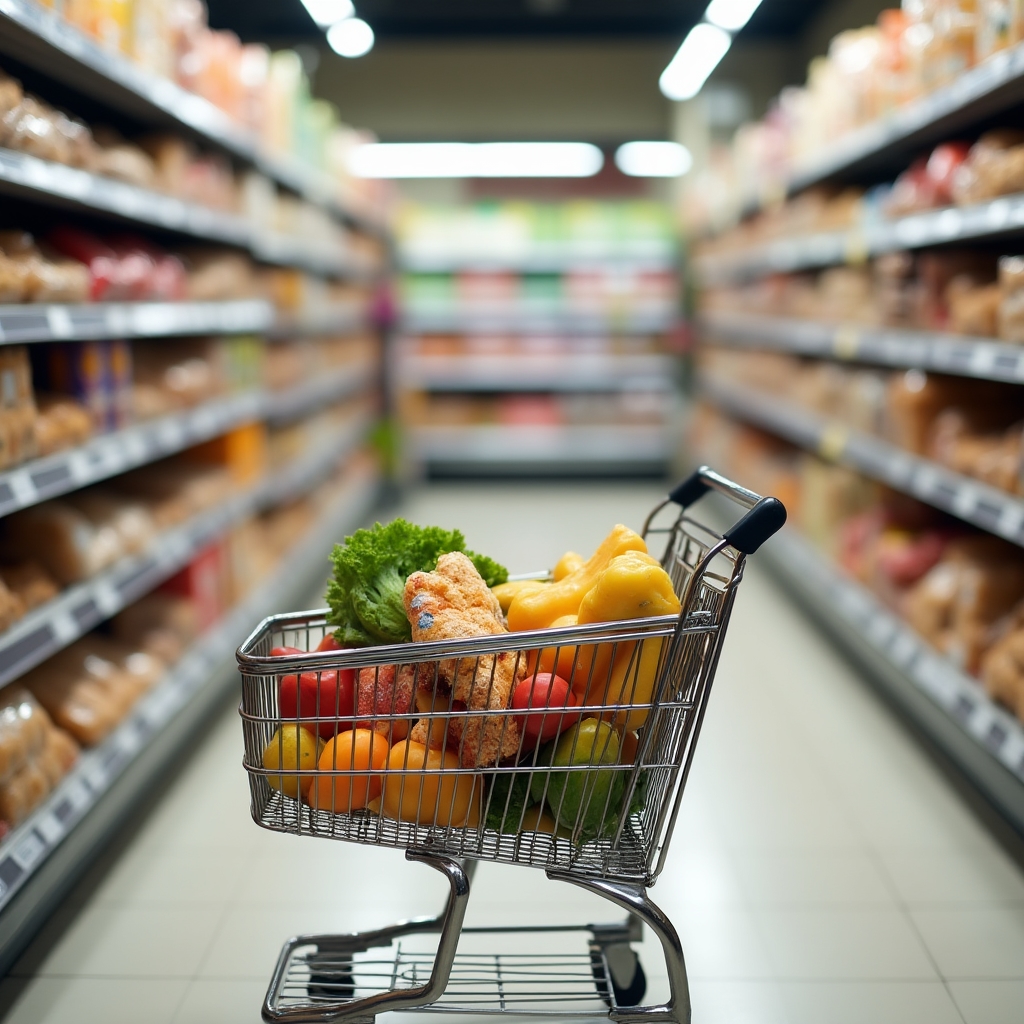 Nákupní košík s potravinami a několika nepotravinovými produkty navíc
