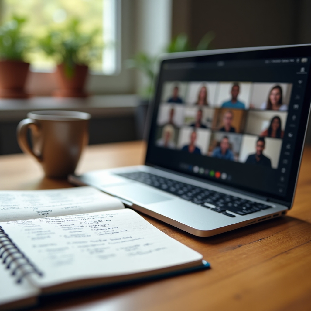 Poznámkový blok vedle notebooku s otevřenou platformou pro online webinář